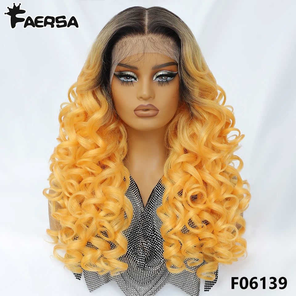 Latisha 13X6 HD Synthetic Lace Front Wigs Curly Pre Plucked Lace Frontal Wig with Bangs for Women Highlight with Babyhair 24Inch