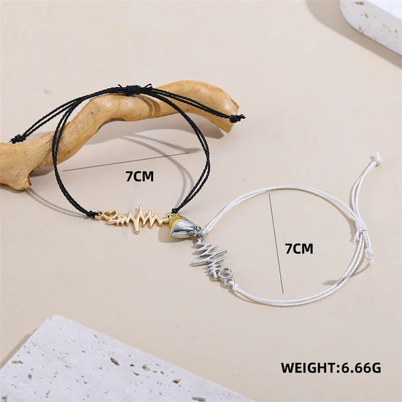 2 PC Magnetic Heart Bracelet Set for Women Couple Electrocardiogram ECG Rope Chain Friendship Valentine's Day Jewelry Charm Gift