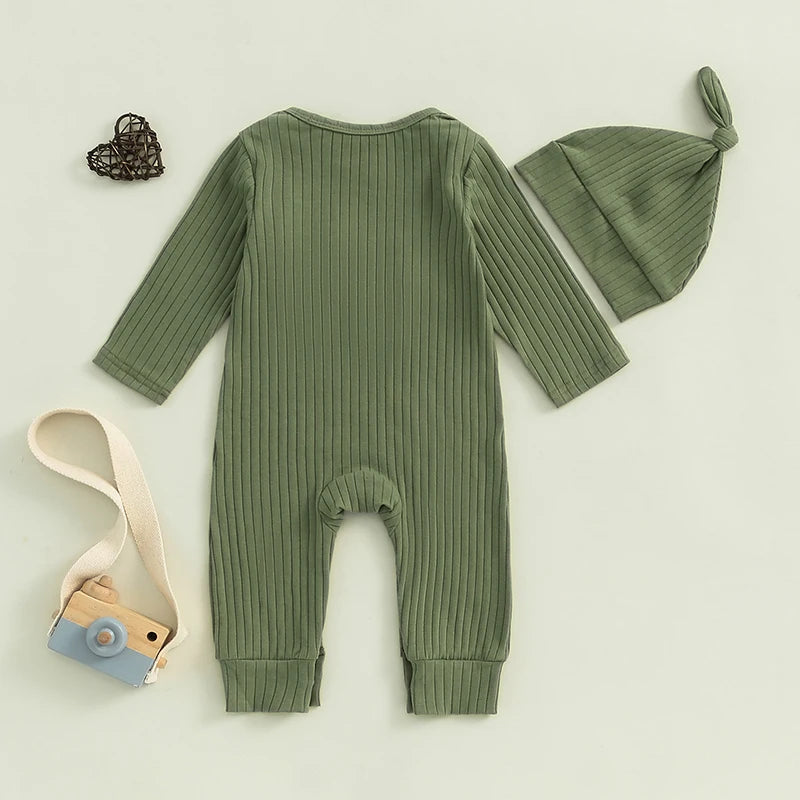 Baby Clothing Boy Bodysuits Letter Embroidered Ribbed Long Sleeve Fall Jumpsuits Hat Outfits Newborn Clothes