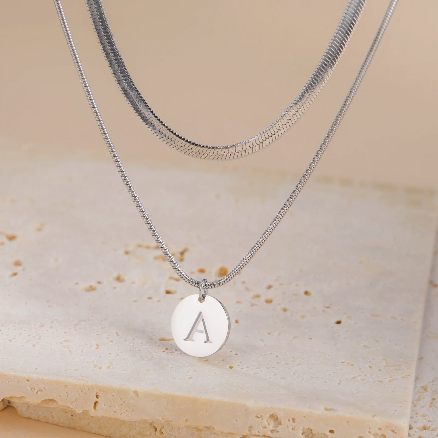 Cazador Stainless Steel A-Z Initial Letter Pendant Double Snake Chains Necklace Women's Necklace Valentine's Day Gift Jewelry