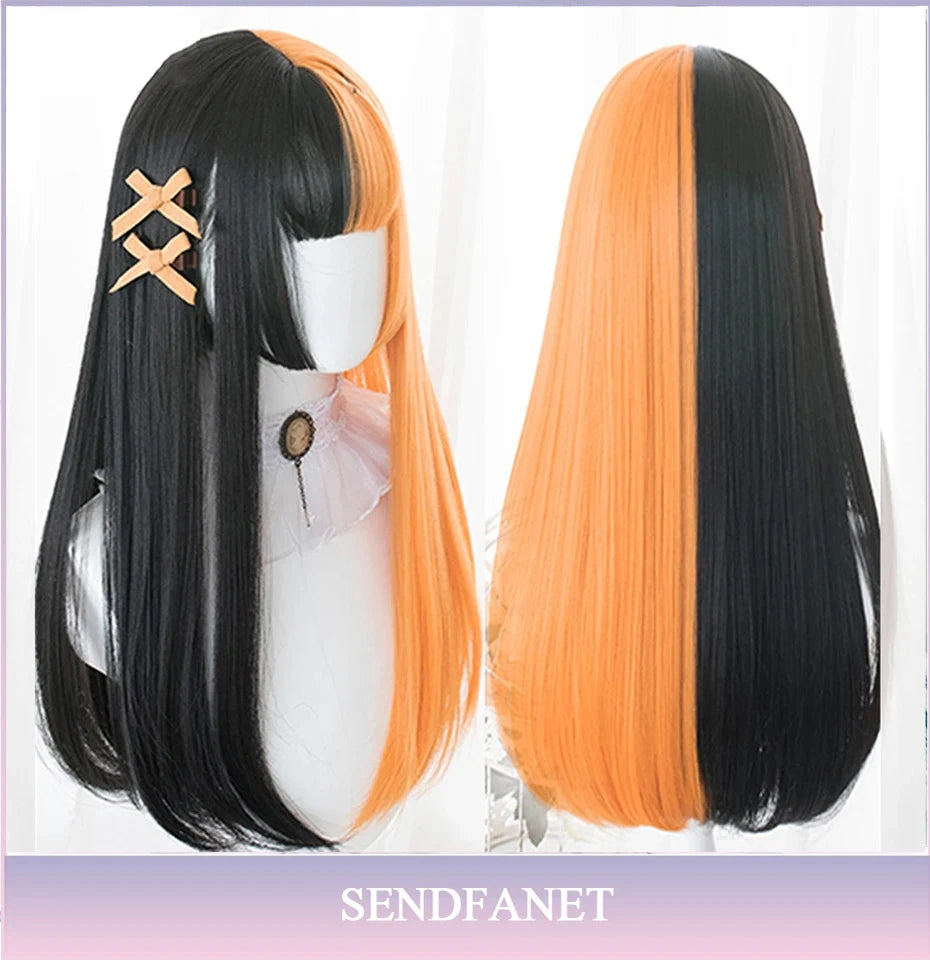 AS Long Straight Black Synthetic Wig For Woman With Bangs black Cosplay Lolita Wigs Heat Resistant Natural Hair