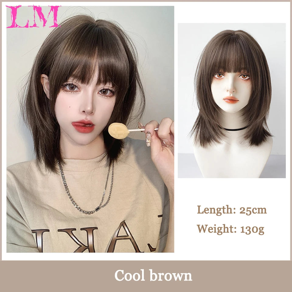 Pink Short Bob Straight Synthetic Wig with Bangs for Cosplay Lolita Fake Hair for White Women Party Natural Wig High Temperature