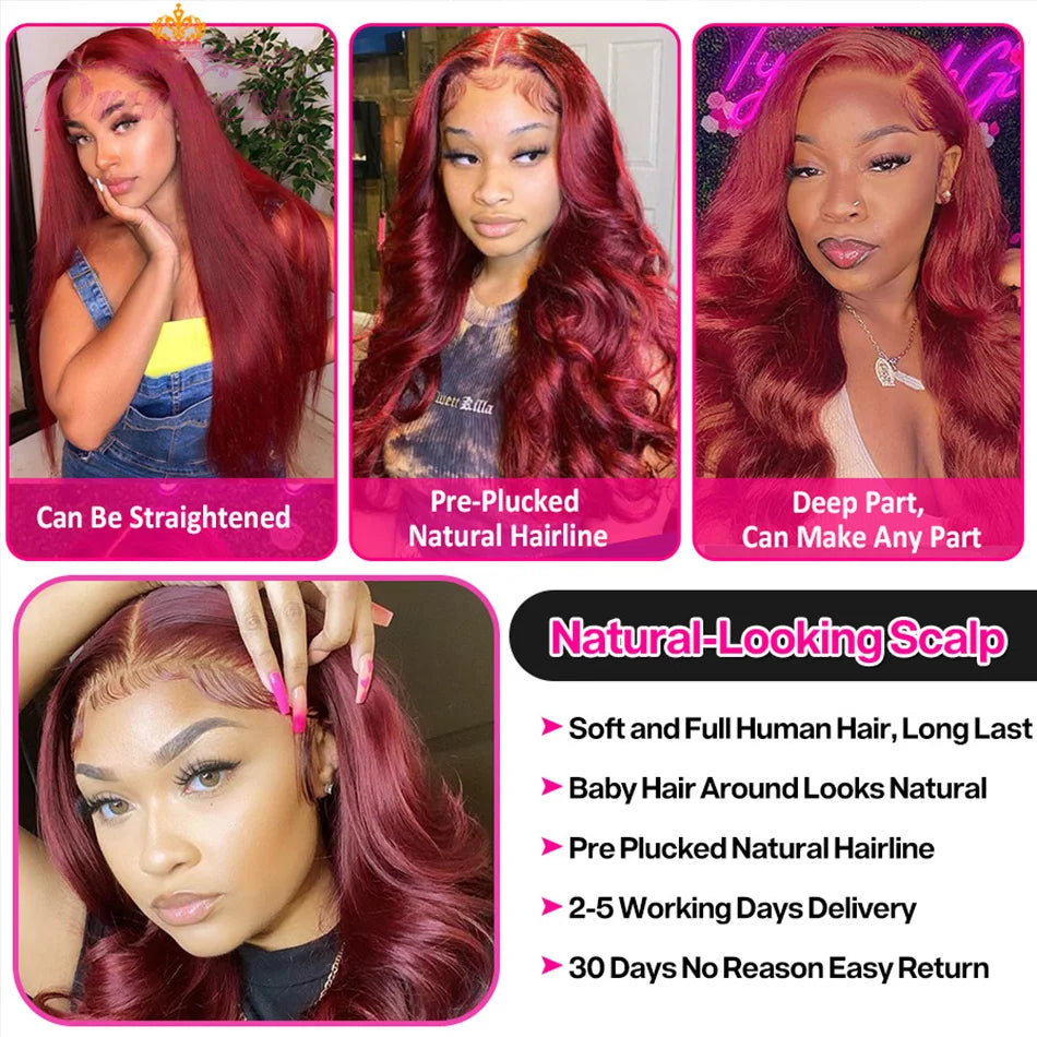 Burgundy 99j Body Wave Lace Front Wig Red HD Lace Frontal Wigs For Women 100% Brazilian Bleached Wigs Human Hair On Promotion