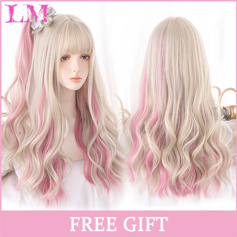 Pink Short Bob Straight Synthetic Wig with Bangs for Cosplay Lolita Fake Hair for White Women Party Natural Wig High Temperature