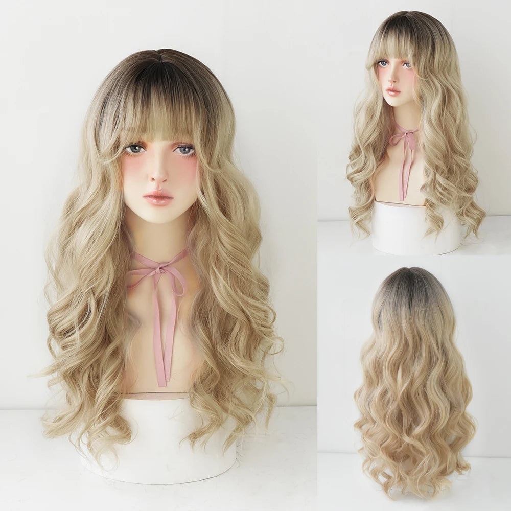 Dense Long Wave Wig Women Wig with Bangs Blonde Cospaly Lolita Daily Party Synthetic Wigs Heat Resistant Fiber Natural Fake Hair