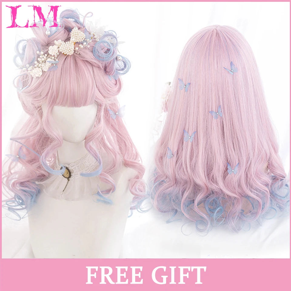 LM Cosplay Wig With Bangs Synthetic Straight Hair 24 Inch Long Heat-Resistant Pink Wig For Women