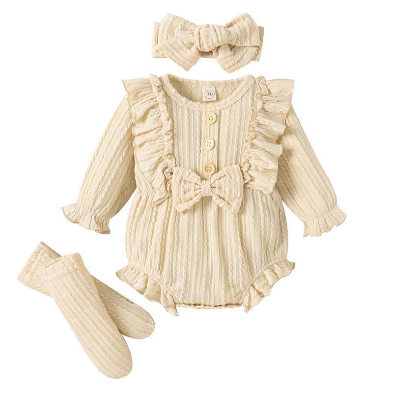 0-12M Infant Baby Girls 3Pcs Fall Outfits Long Sleeve Button Front Ruffle Romper + Socks + Headband Set Lovely Clothes