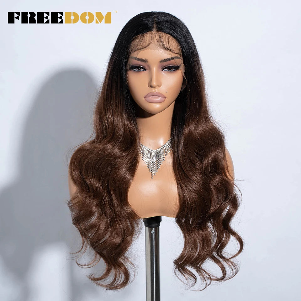 FREEDOM Synthetic Lace Front Wigs For Women  26“ Highlight Honey Brown Body Wave Wig Ombre Blonde Lace Wig Synthetic Cosplay Wig