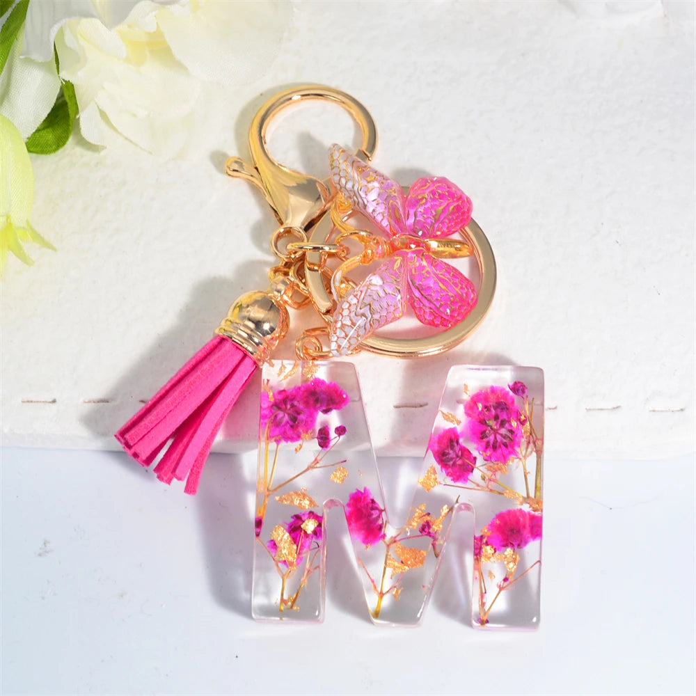 Exquisite Pink Dry Flower Resin 26 Initial Keychain Butterfly Tassel Pendant A to Z Keyring for Women Valentine's Day Gift