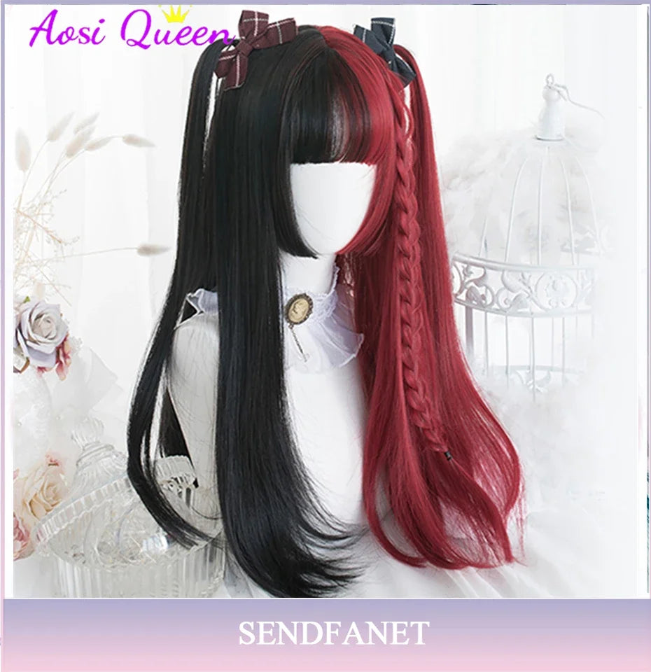 AS Long Straight Black Synthetic Wig For Woman With Bangs black Cosplay Lolita Wigs Heat Resistant Natural Hair