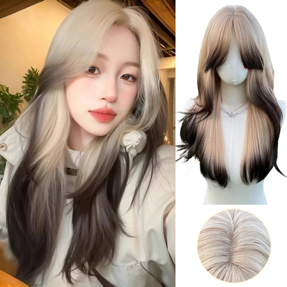 LM Long Body Wave Black And Gray Ombre Cosplay Wigs Heat Resistant Synthetic Wigs Bangs Natural Lolita Wigs For Women Halloween