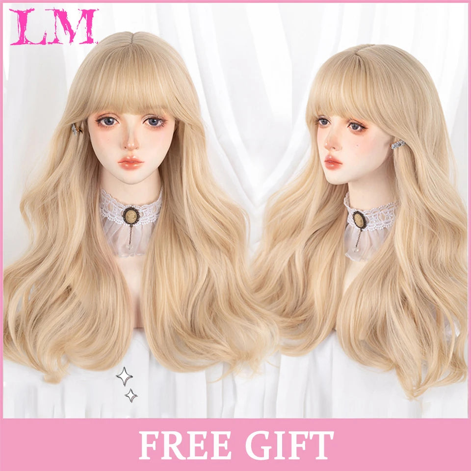 LM Cosplay Wig With Bangs Synthetic Straight Hair 24 Inch Long Heat-Resistant Pink Wig For Women