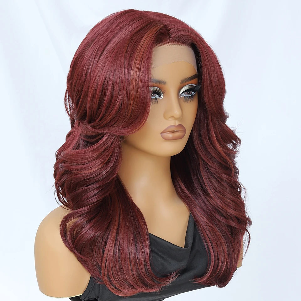 T- Part Layered Wigs With Bangs For Women 18 Inch Red Synthetic Lace Front Wig For Daily Use 13x5 Lace Wig Ombre Brown Afro Wigs