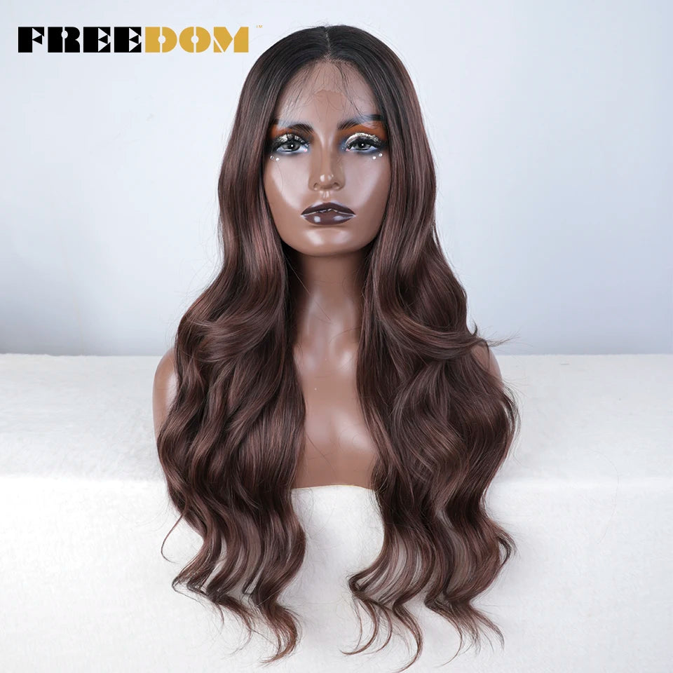 FREEDOM Synthetic Lace Front Wigs For Women  26“ Highlight Honey Brown Body Wave Wig Ombre Blonde Lace Wig Synthetic Cosplay Wig