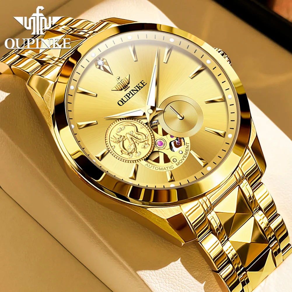 OUPINKE Luxury Top Brand Real Gold Dragon Watch Real Diamond Men's Chronograph Wristwatch Automatic Mechanical Luminous