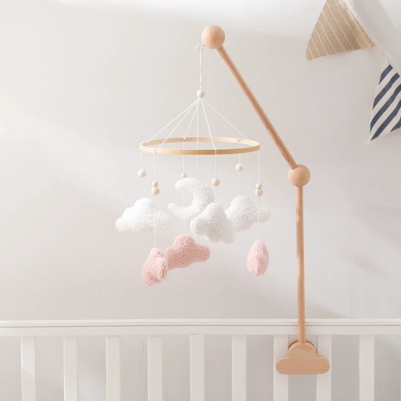 Wooden Crib Mobile Baby Bed Bell Rattle Toy Soft Felt Cartoon Bear Mobile Hanging Newborn Music Box Bed Bell Hanging Bracket Toy