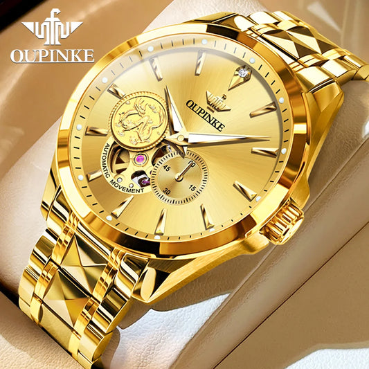 OUPINKE Luxury Top Brand Real Gold Dragon Watch Real Diamond Men's Chronograph Wristwatch Automatic Mechanical Luminous