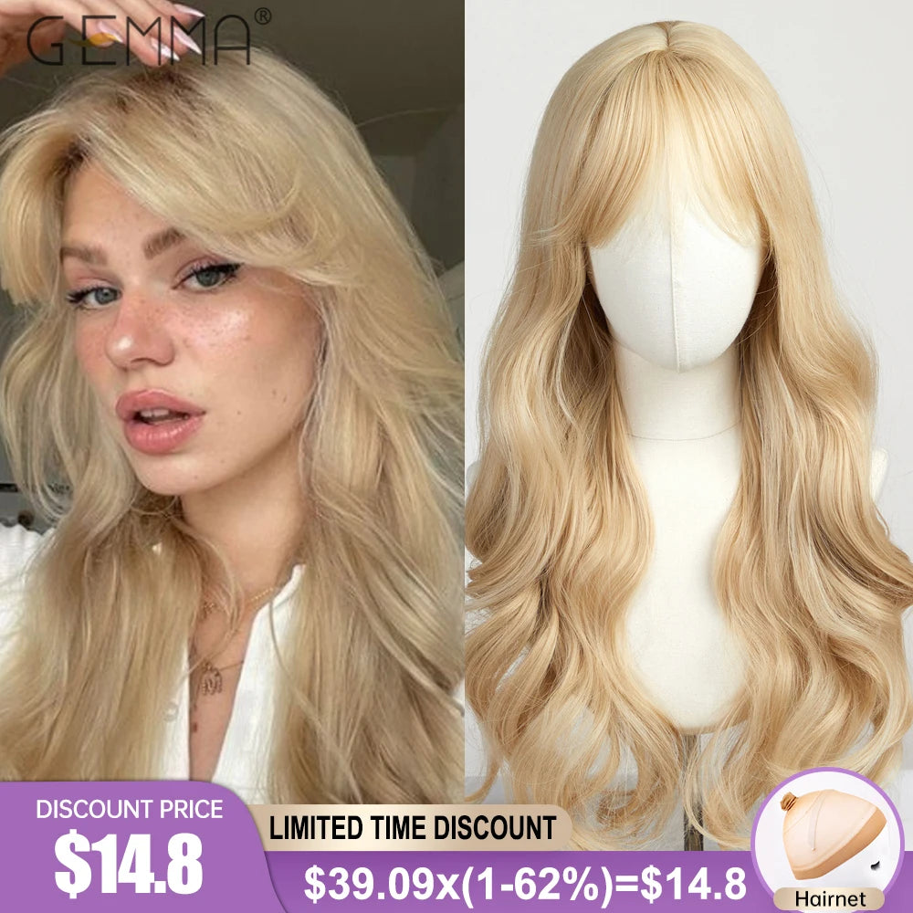 Long Wavy Light Ash Blonde Synthetic Wigs with Bangs for Women Natural Wave Cosplay Party Daily Use Hair Wigs Heat Resistant