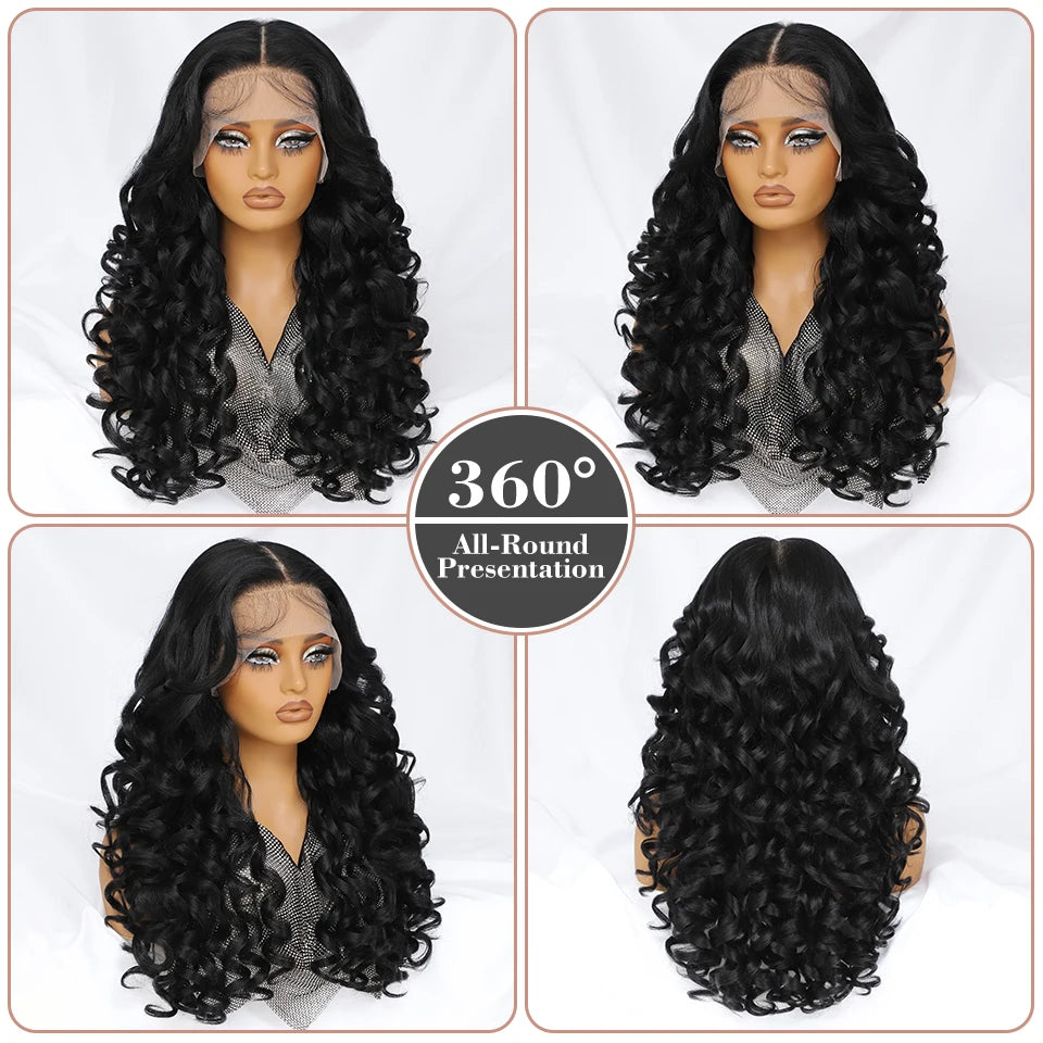 Latisha 13X6 HD Synthetic Lace Front Wigs Curly Pre Plucked Lace Frontal Wig with Bangs for Women Highlight with Babyhair 24Inch