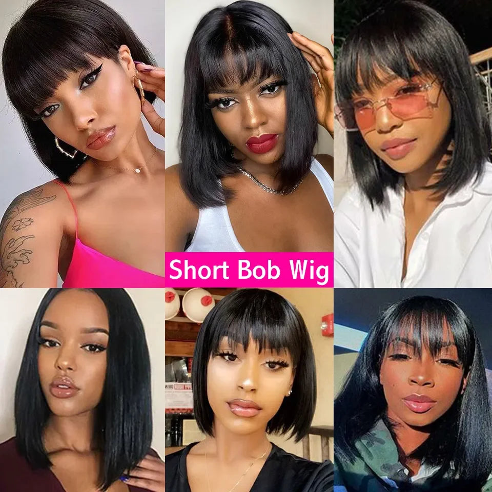 Peruvian Human Hair Wig with Bangs Virgin Straight Hair Bob Wigs Full Machine Made Wig For Women 8-16 Inches No Lace Bob Wigs