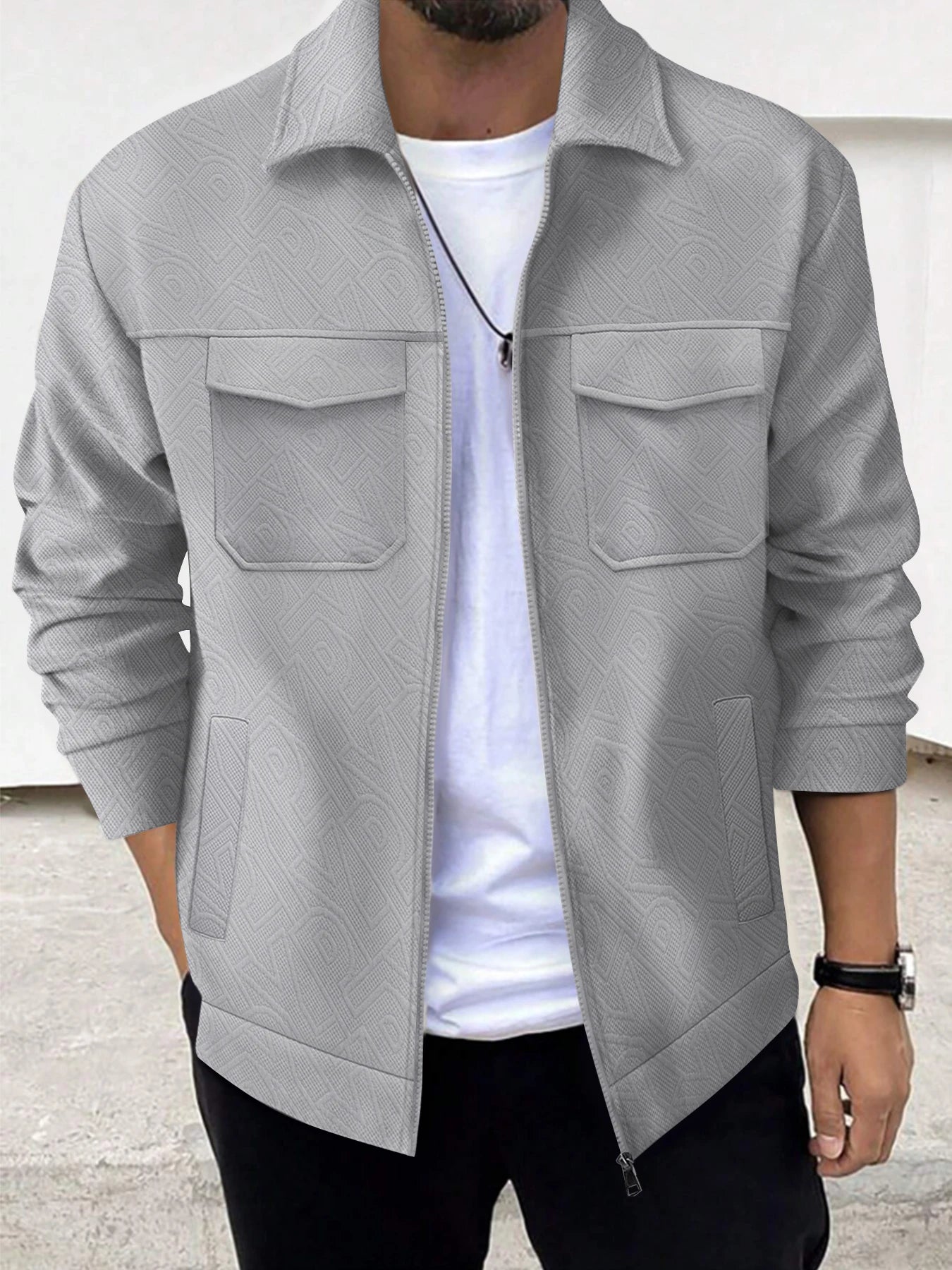 Autumn and winter new men's business casual jacket trend fashion solid color lapel pocket zipper thick long-sleeved top