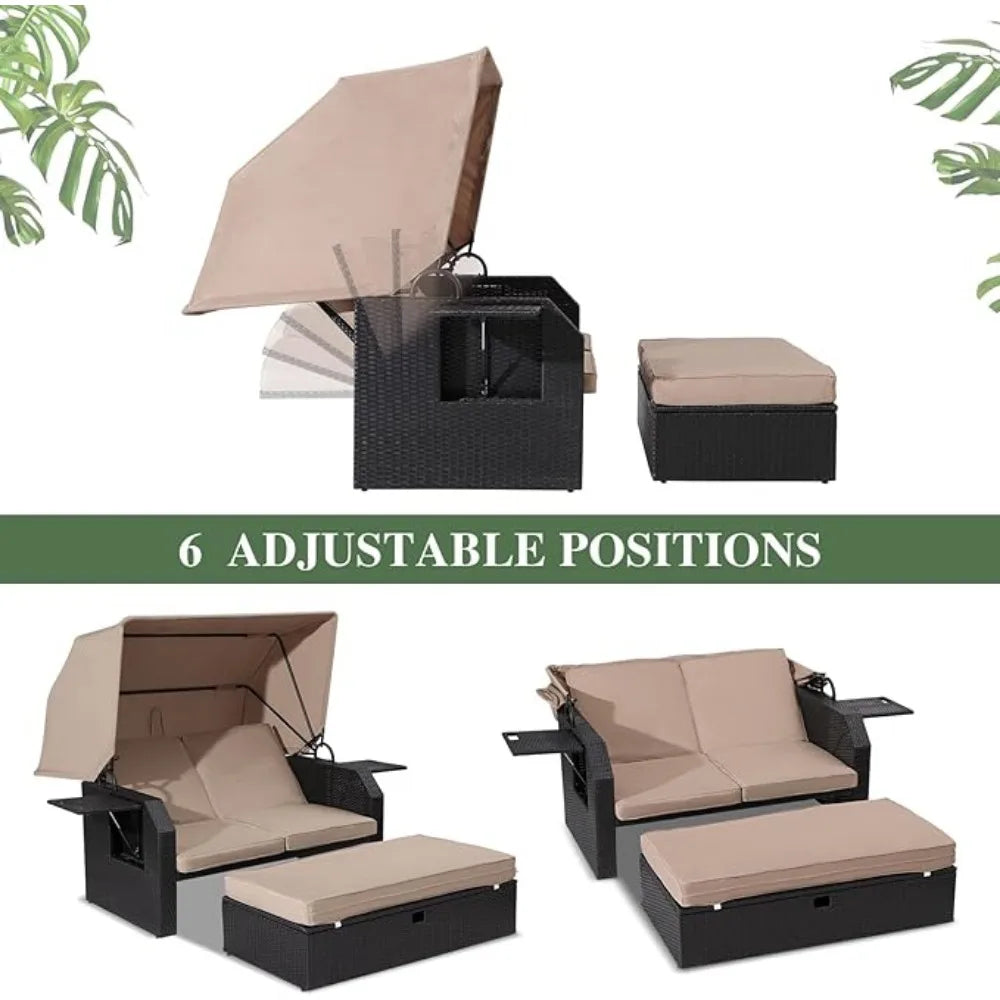 Outdoor Wicker Loveseat - Patio Furniture Set with Retractable Canopy, Adjustable Back, Side Table, Ottoman, Cushion