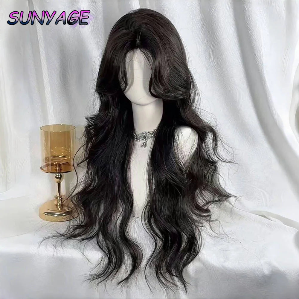 SUNYAGE Lolita Black Wig for Women Long Wavy Hair 75cm Curly Wig with Bangs Cosplay Headband Wigs Synthetic Wigs for Daily Use