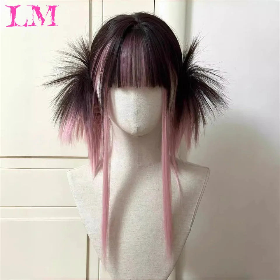 Pink Short Bob Straight Synthetic Wig with Bangs for Cosplay Lolita Fake Hair for White Women Party Natural Wig High Temperature