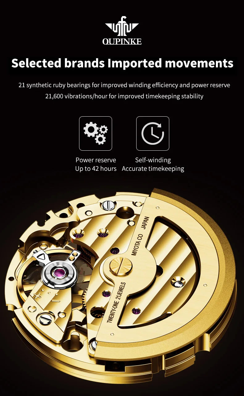 OUPINKE Luxury Top Brand Real Gold Dragon Watch Real Diamond Men's Chronograph Wristwatch Automatic Mechanical Luminous