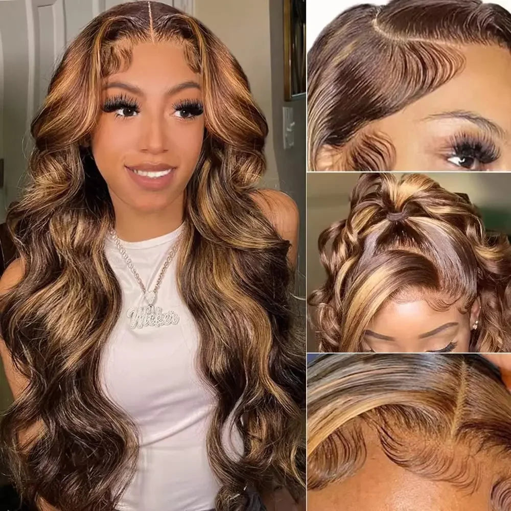 Highlight Wig 100% Human Hair Ombre Brown Lace Frontal Wig Brazilian Bleached Wigs Woman Honey Blond Body Wave Lace Front Wig