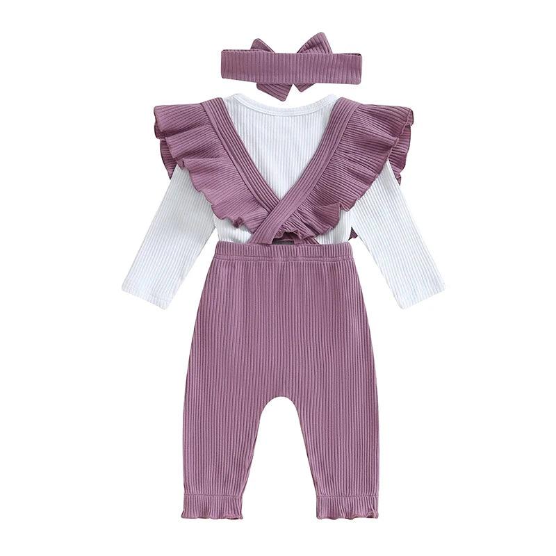 2024-05-31 Lioraitiin Baby Girl Ribbed Outfit, Long Sleeve Romper Ruffle Trim Overalls Bow Headband 3 Piece Set for Fall