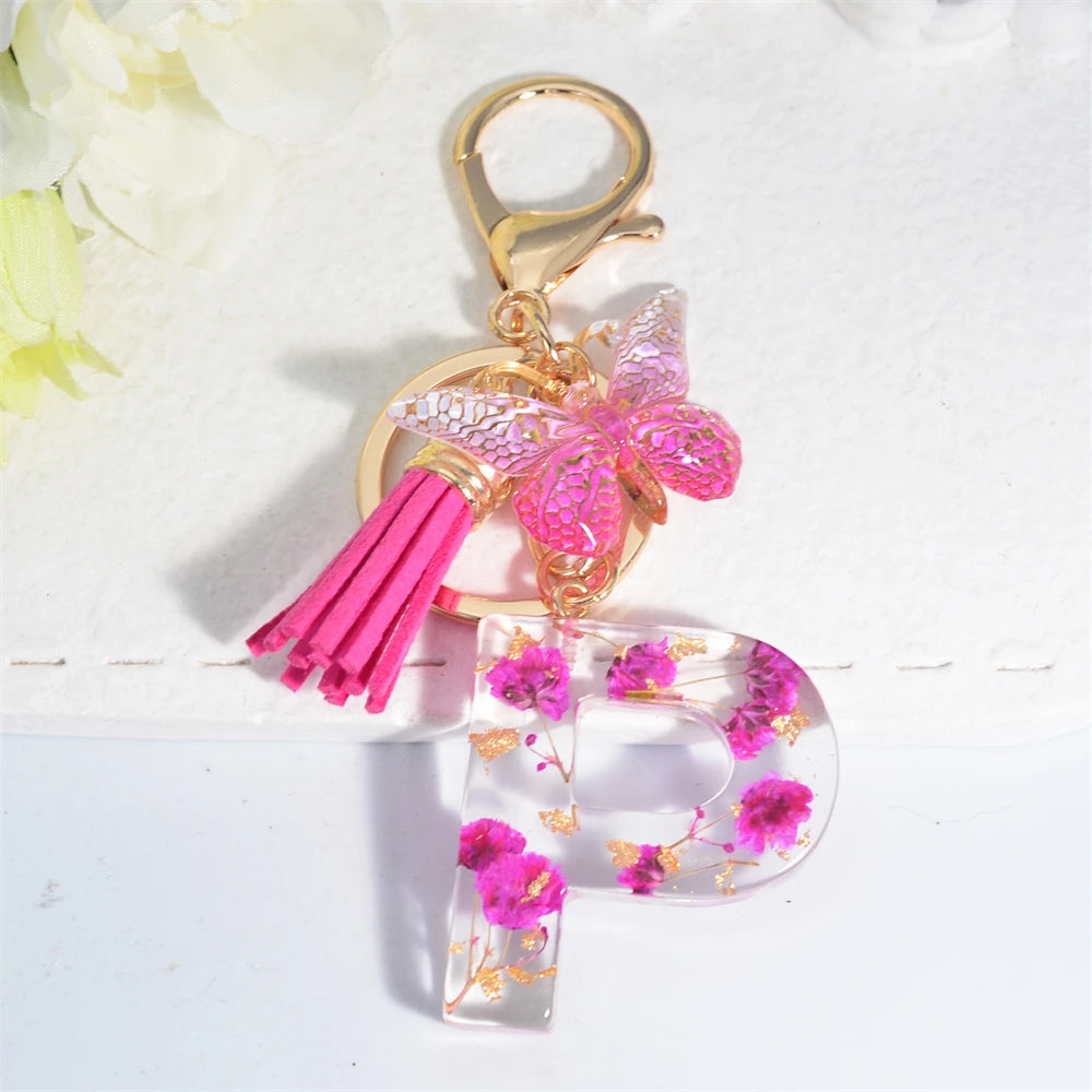 Exquisite Pink Dry Flower Resin 26 Initial Keychain Butterfly Tassel Pendant A to Z Keyring for Women Valentine's Day Gift