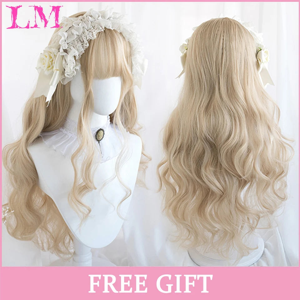 LM Cosplay Wig With Bangs Synthetic Straight Hair 24 Inch Long Heat-Resistant Pink Wig For Women