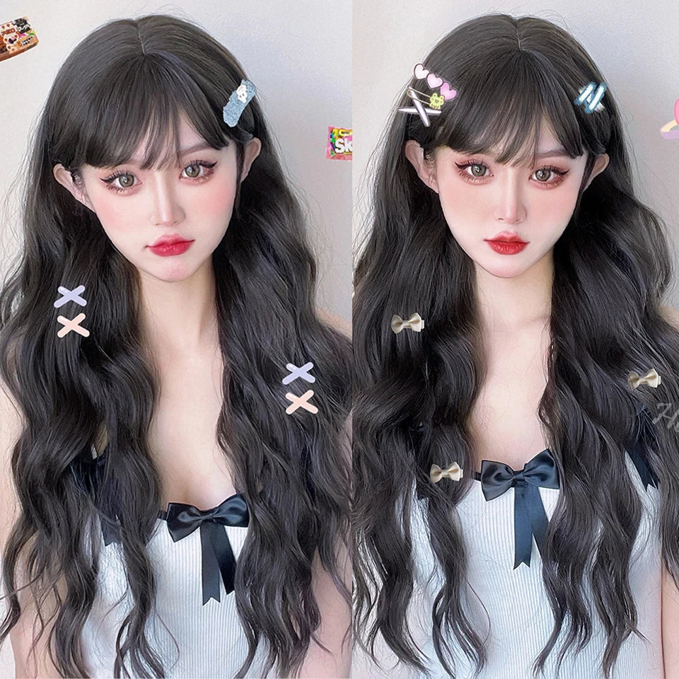 LM Long Body Wave Black And Gray Ombre Cosplay Wigs Heat Resistant Synthetic Wigs Bangs Natural Lolita Wigs For Women Halloween