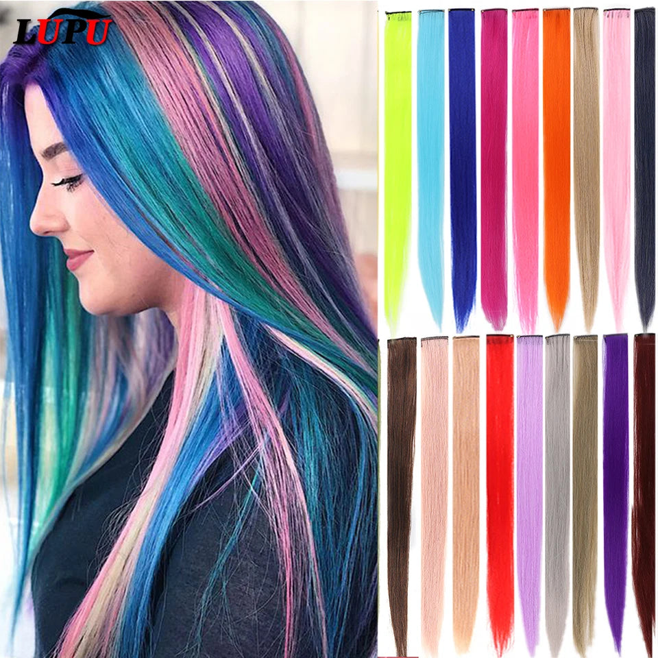 LUPU 22 Inch Synthetic Colored Highlight Hair Extensions Rainbow Long Straight Hairpieces for Women Kids Girls Purple Pink Blue