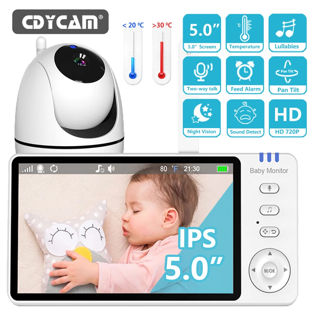 5.0 Inch Video Baby Monitor With Pan Tilt Camera Wireless Two Way Audio Night Vision Security Babysitter VOX Wake Up USB Charge