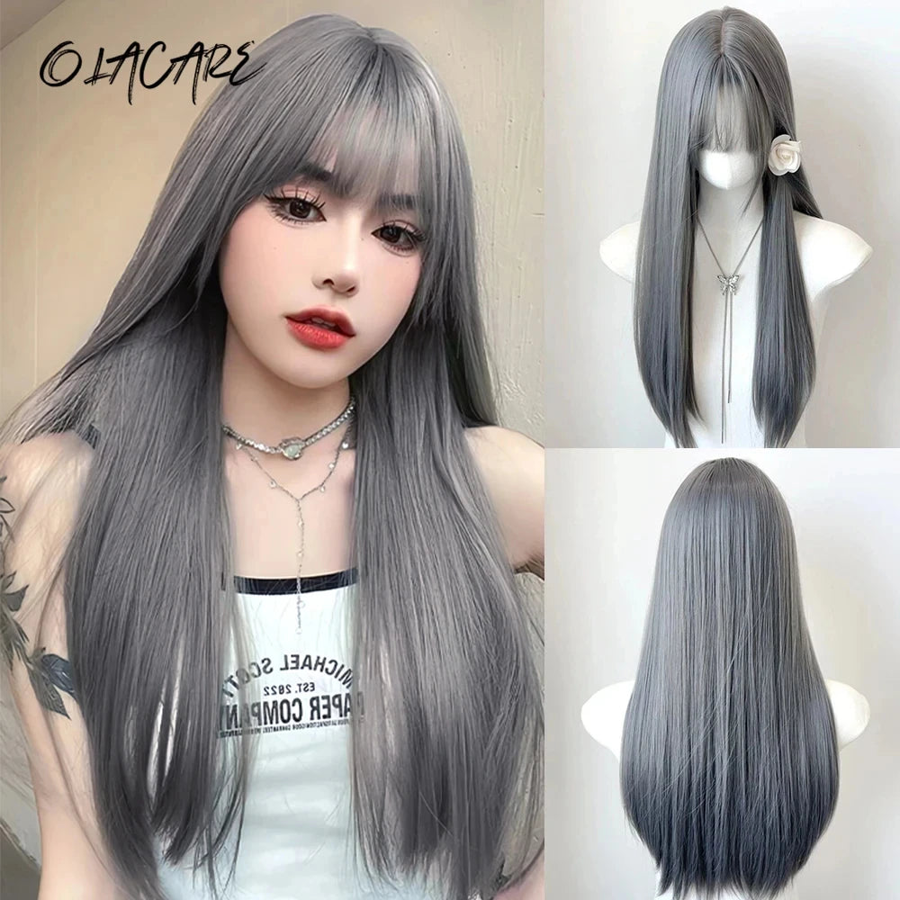 LM Long Body Wave Black And Gray Ombre Cosplay Wigs Heat Resistant Synthetic Wigs Bangs Natural Lolita Wigs For Women Halloween