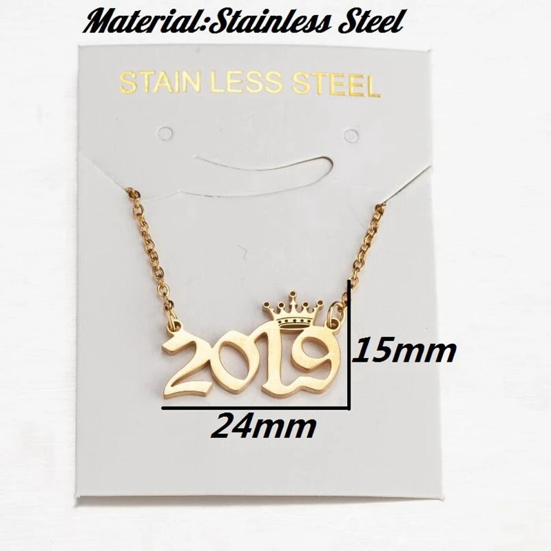 Fashion Gold Color Year Necklace for Women Charm Stainless Steel Crown Pendant Chain Choker Birthday Party Friends Jewelry Gift