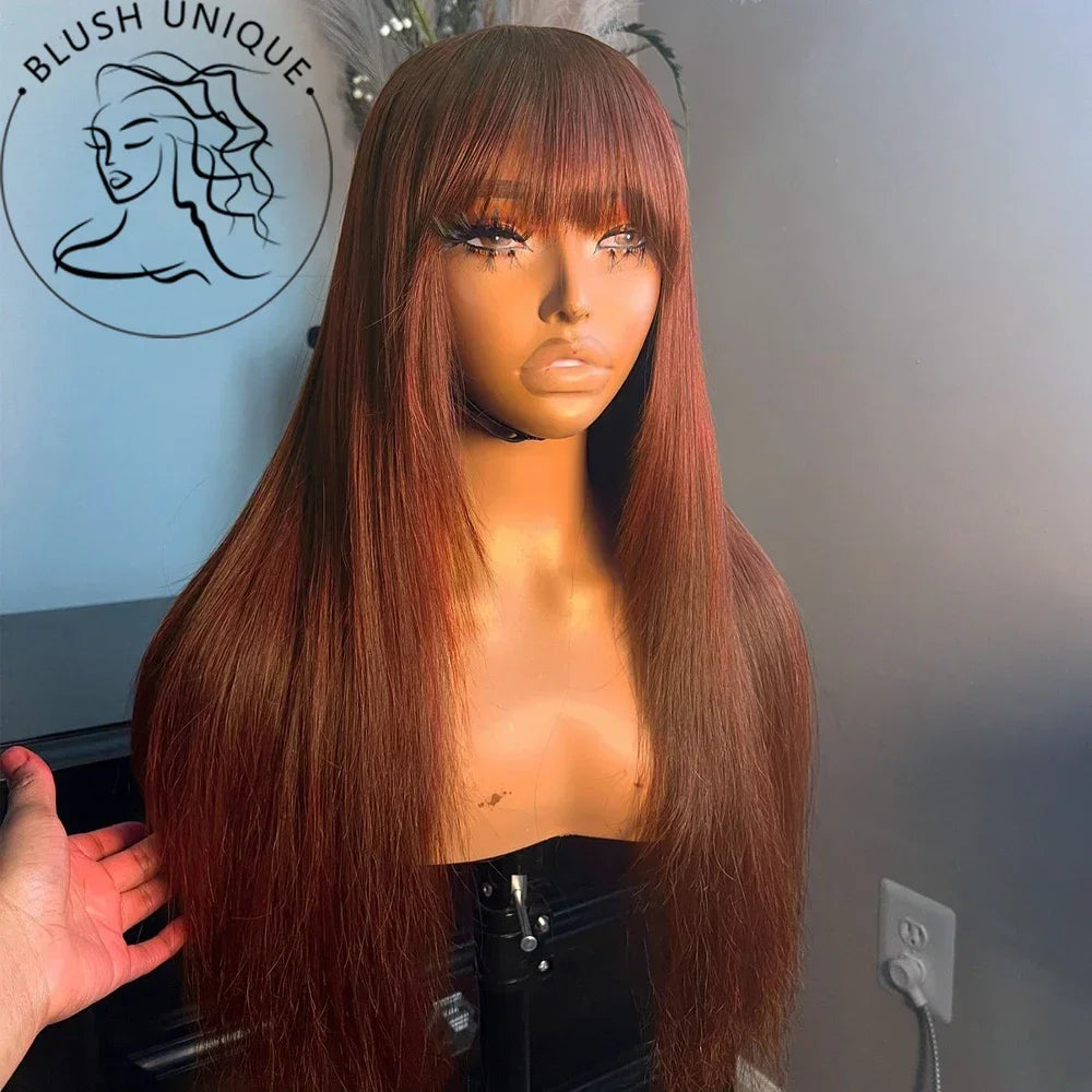 Straight Layered Cut Wigs with Bangs HD Lace Fake Scalp Synthetic Natural Layered Lace Wig For Women Glueless Heat Resistant Wig