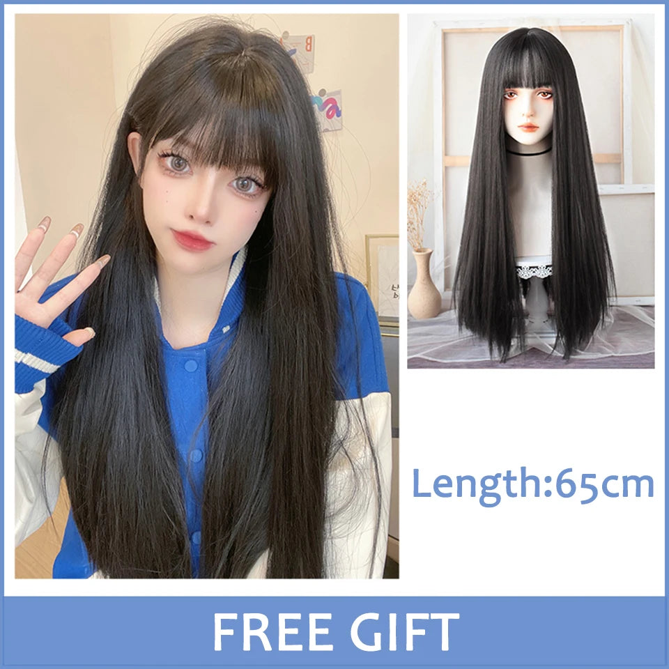 Pink Short Bob Straight Synthetic Wig with Bangs for Cosplay Lolita Fake Hair for White Women Party Natural Wig High Temperature