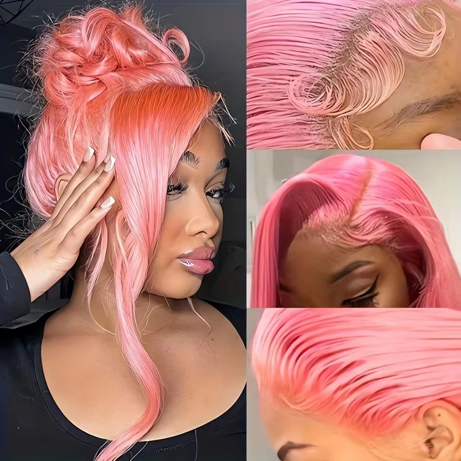 Colored Wigs Human Hair Full End 100% Pink Straight Transparent PrePlucked Brazilian HD Lace Frontal Wig 30 40 Inch For Women