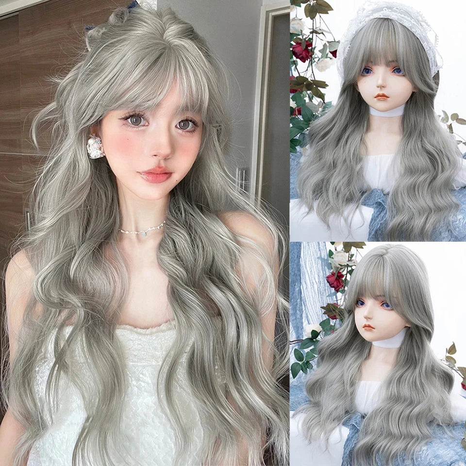 LM Long Body Wave Black And Gray Ombre Cosplay Wigs Heat Resistant Synthetic Wigs Bangs Natural Lolita Wigs For Women Halloween