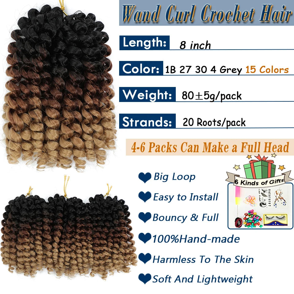 Wand Curl Crochet Braids Hair 8 Inch 1B 30 27 Bug Ringlet Twist Extensions with Jamaican Bounce Crochet Hair Crochet Curly Hair