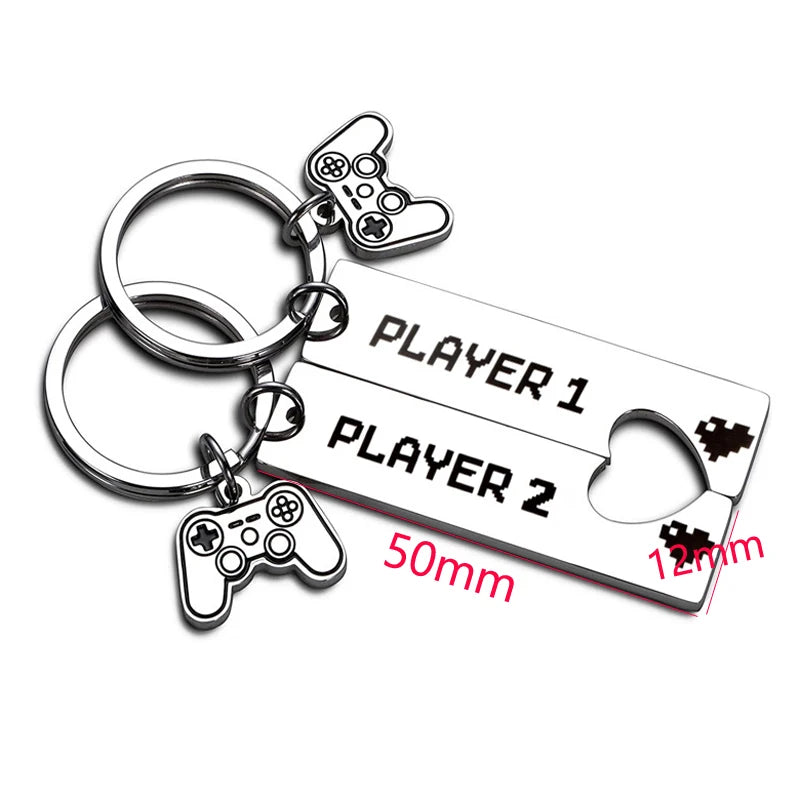 Cute Gamer Couple Key Chain for Him and Her, Valentine's Day Gifts for Boyfriend Girlfriend, Player 1 Player 2 Matching Keychain