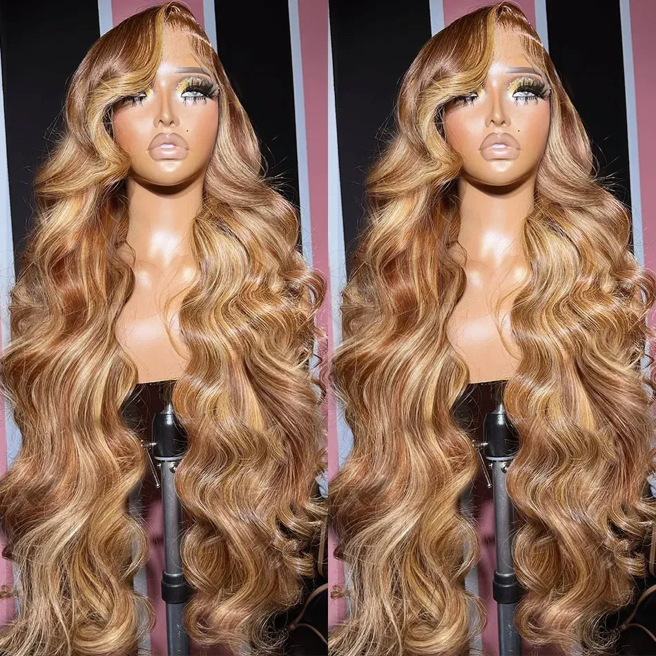 Highlight Wig 100% Human Hair Ombre Brown Lace Frontal Wig Brazilian Bleached Wigs Woman Honey Blond Body Wave Lace Front Wig