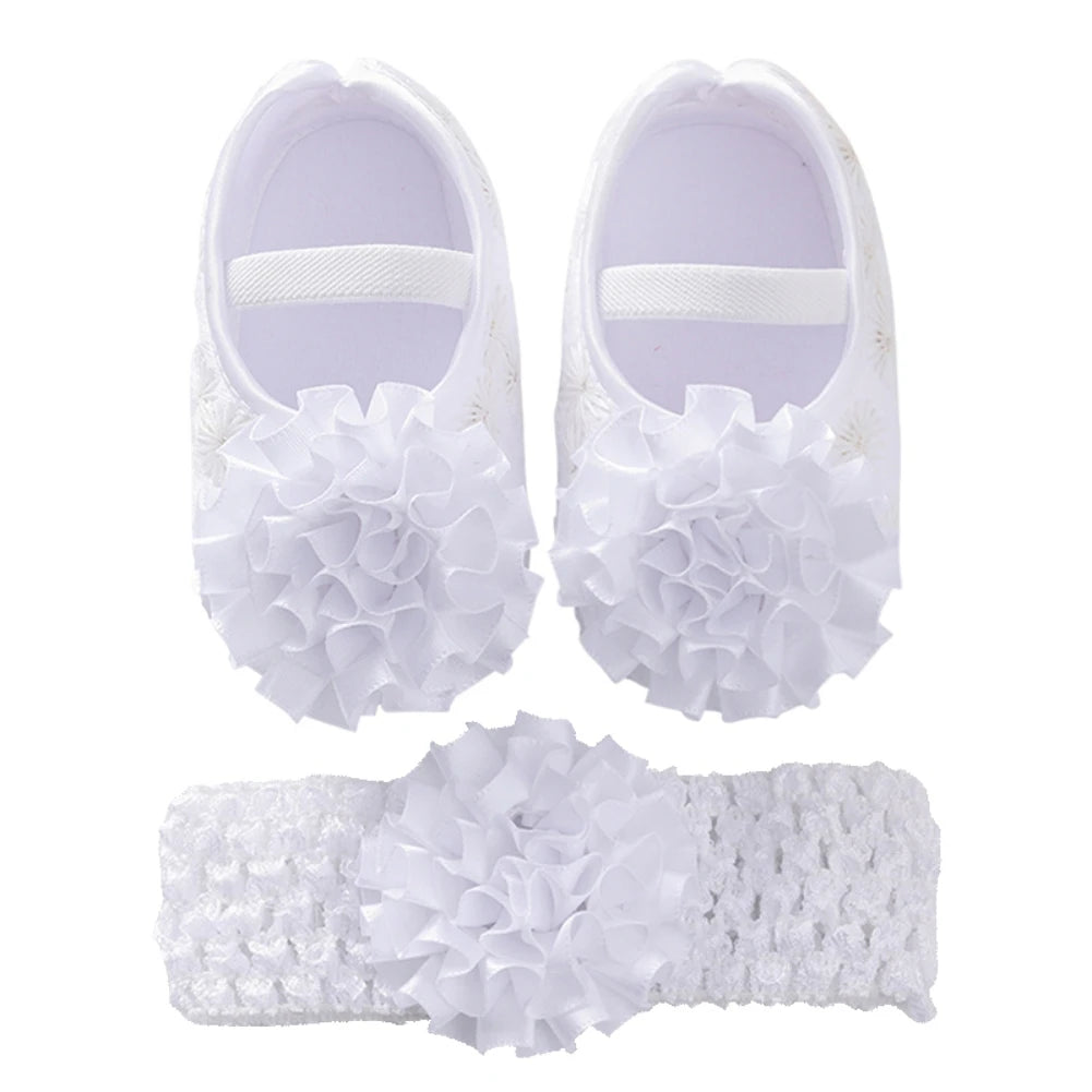 Newborn Baby Shoes Baptism Yellow Headband Baby Girl Lace Shoes Set Toddler Prewalker Cute Baby Soft Shoes for 0-12M Kids