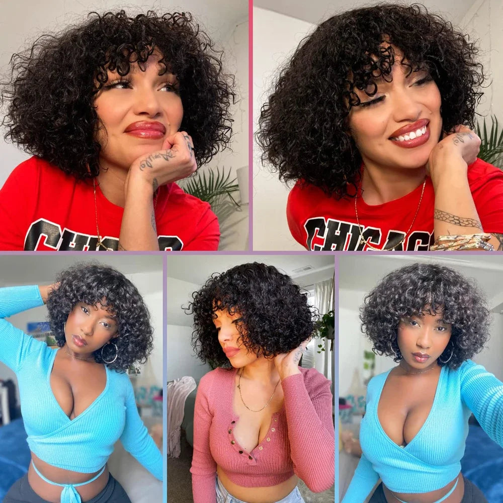 Kinky Curly Wigs With Bangs Full Machine Made Wigs Virgin Hair Peruvian Long Curly Human Hair Wigs Natural Black Non Lace