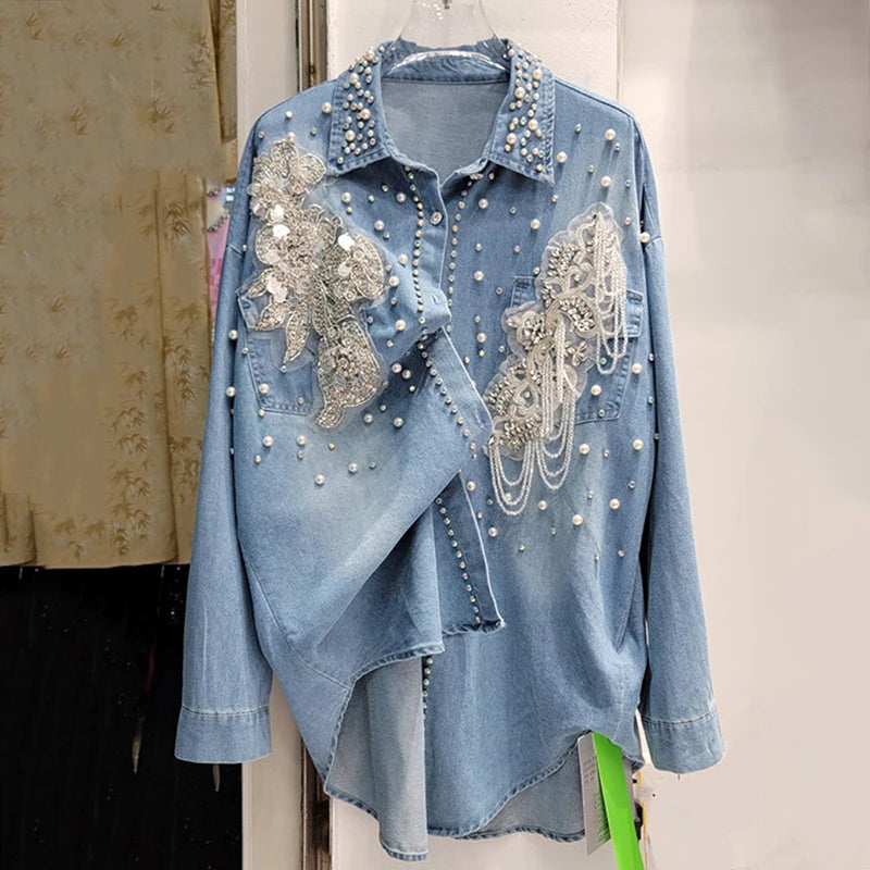 KBQ Patchwork Pearls Loose Denim Coats For Women Lapel Long Sleeve Spliced Single Breasted Casual Jacket Female Fashion Autumn