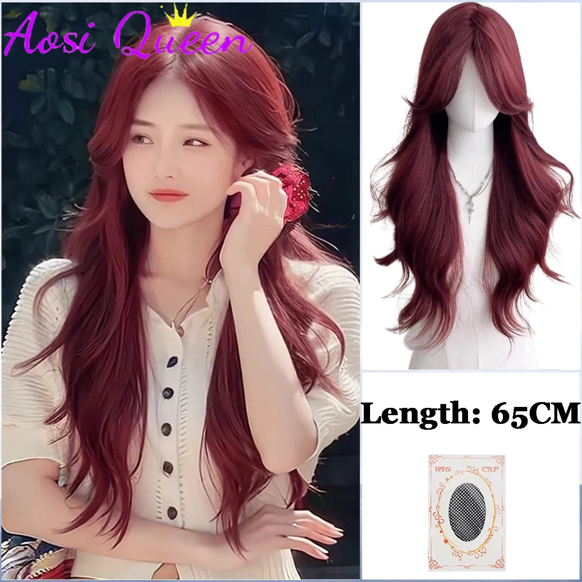 AosiQueen Black Pink Ombre Synthetic Wigs For Cosplay Long Wavy Layered Wigs With Bangs For Women Heat Resistant Fake Hair