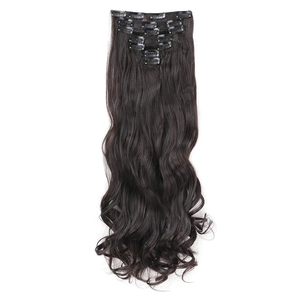 22Inch Long Body Wave Clip in Hair Extension Hairstyle 16 Clips 7Pcs/Set Synthetic Black Brown Hairpieces For Women